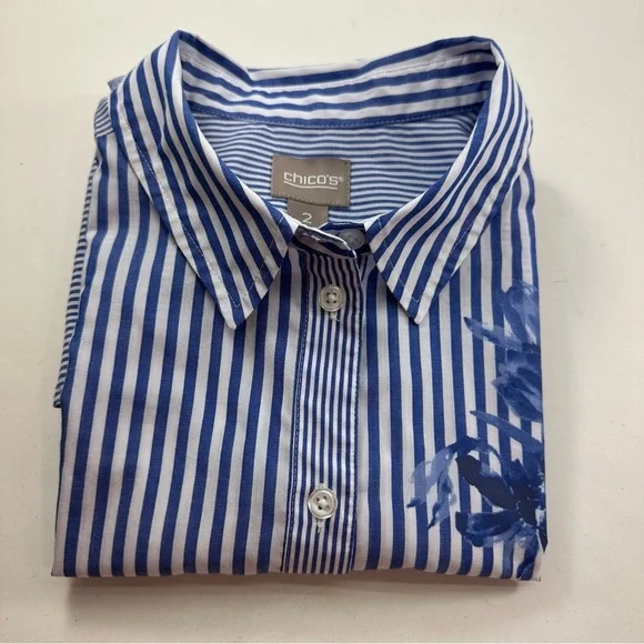 Chicos 2 Blue White Striped Floral Button Shirt Womens Large Long Sleeve - Picture 9 of 9